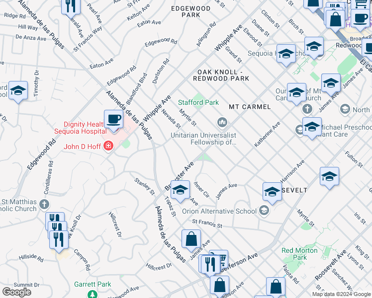 map of restaurants, bars, coffee shops, grocery stores, and more near 159 Opal Avenue in Redwood City