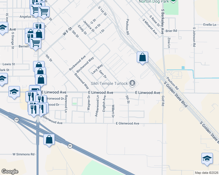 map of restaurants, bars, coffee shops, grocery stores, and more near 960 Eureka Drive in Turlock
