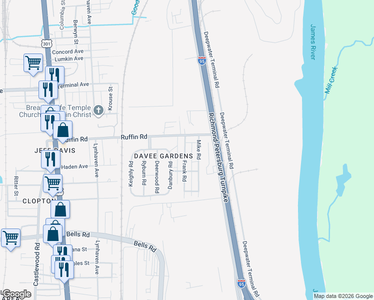 map of restaurants, bars, coffee shops, grocery stores, and more near 3304 Frank Road in Richmond