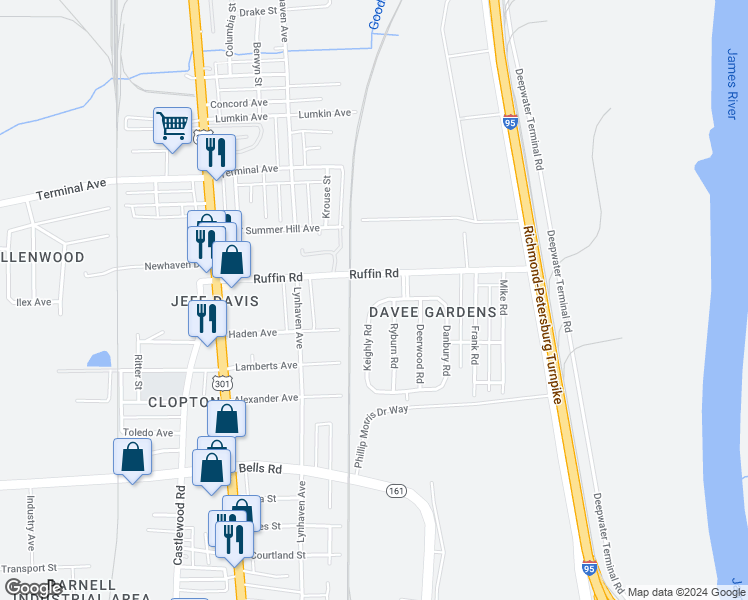 map of restaurants, bars, coffee shops, grocery stores, and more near 3407 Keighly Road in Richmond