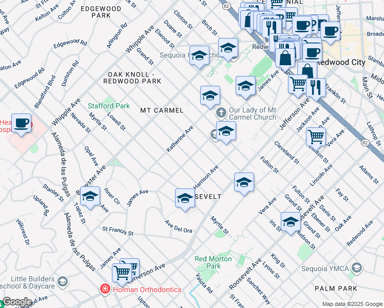 map of restaurants, bars, coffee shops, grocery stores, and more near 371 Jeter Street in Redwood City