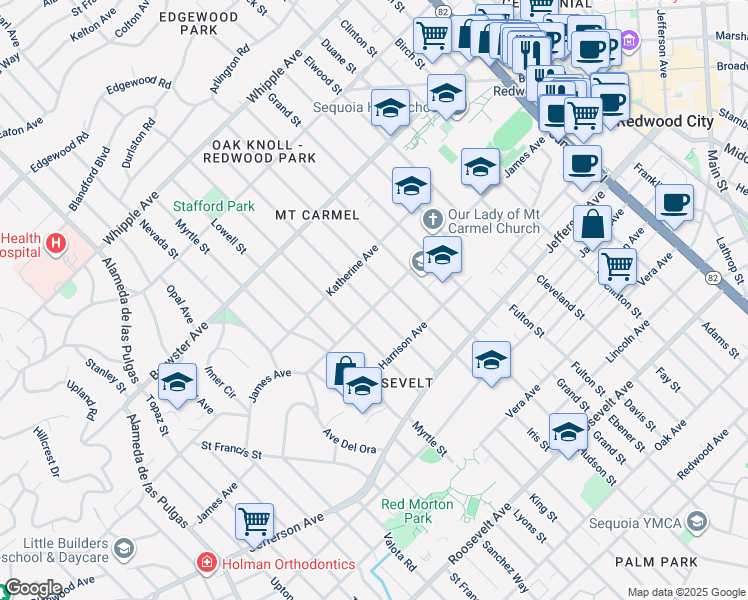 map of restaurants, bars, coffee shops, grocery stores, and more near 371 Jeter Street in Redwood City