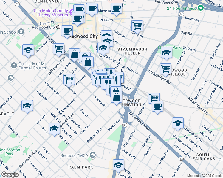 map of restaurants, bars, coffee shops, grocery stores, and more near 110 Chestnut Street in Redwood City