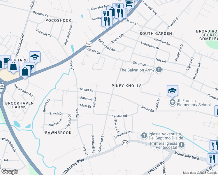 map of restaurants, bars, coffee shops, grocery stores, and more near 2418 Clearfield Street in Richmond