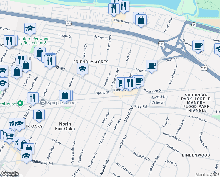 map of restaurants, bars, coffee shops, grocery stores, and more near 901 Fifteenth Avenue in Redwood City