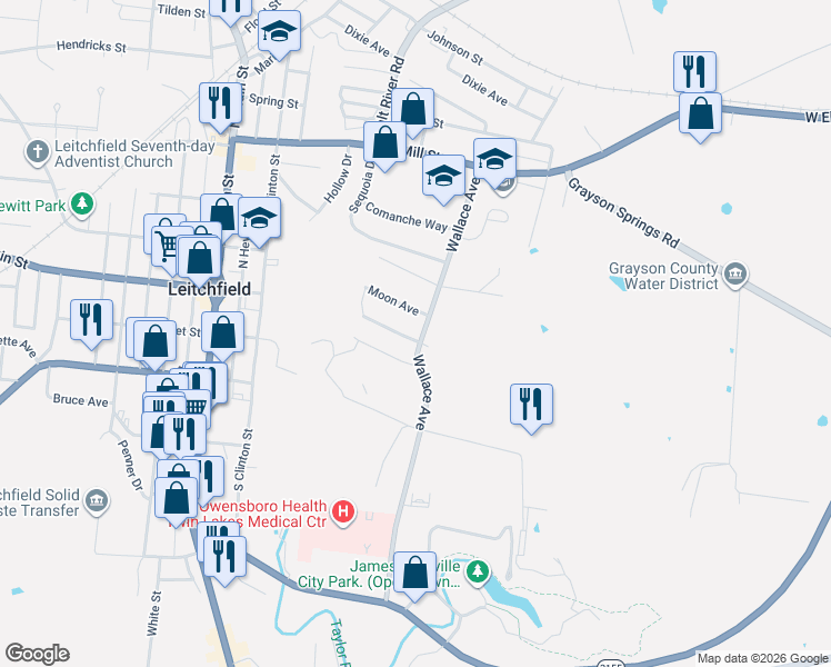 map of restaurants, bars, coffee shops, grocery stores, and more near 101 Thomason Avenue in Leitchfield