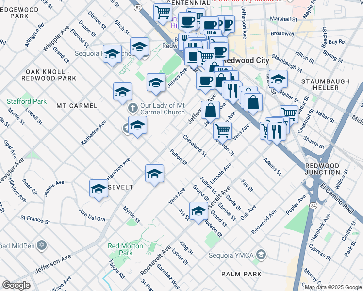 map of restaurants, bars, coffee shops, grocery stores, and more near 508 Jackson Avenue in Redwood City