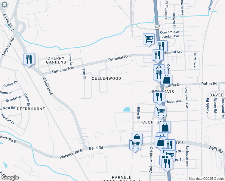 map of restaurants, bars, coffee shops, grocery stores, and more near 3144 Scottdale Street in Richmond