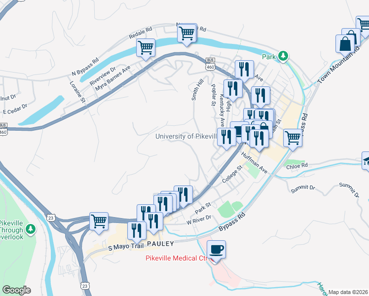 map of restaurants, bars, coffee shops, grocery stores, and more near 144-262 Julius Avenue in Pikeville
