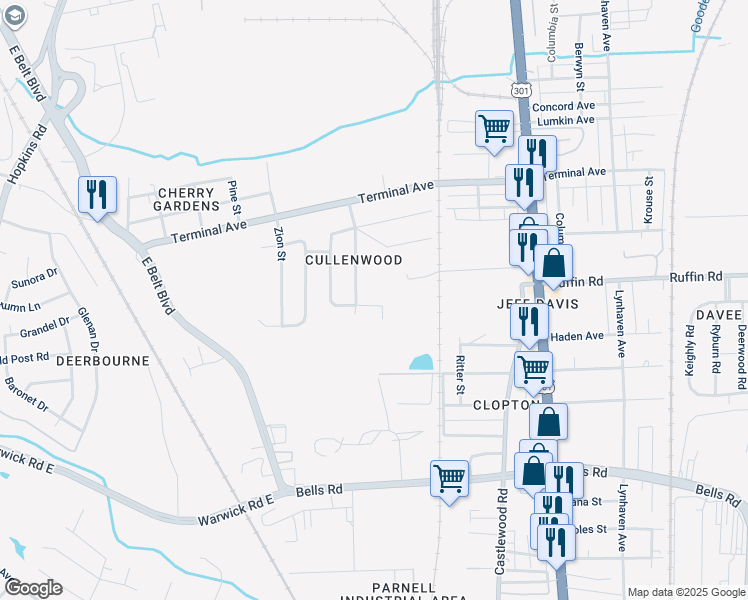 map of restaurants, bars, coffee shops, grocery stores, and more near 3144 Scottdale Street in Richmond