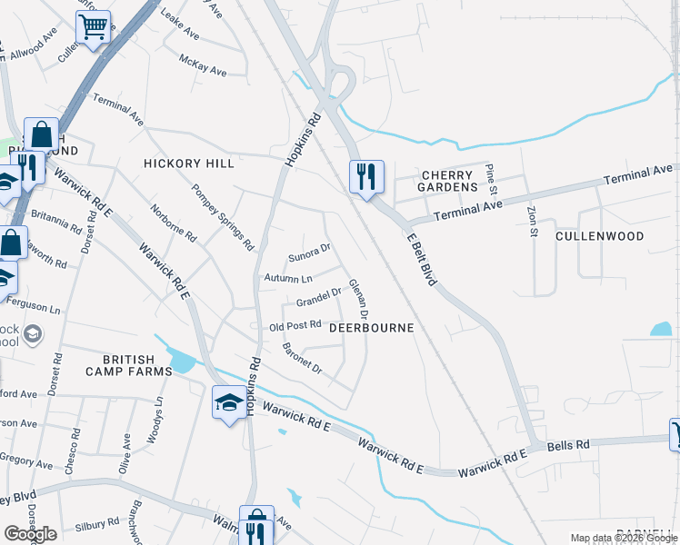 map of restaurants, bars, coffee shops, grocery stores, and more near 2800 Glenan Drive in Richmond