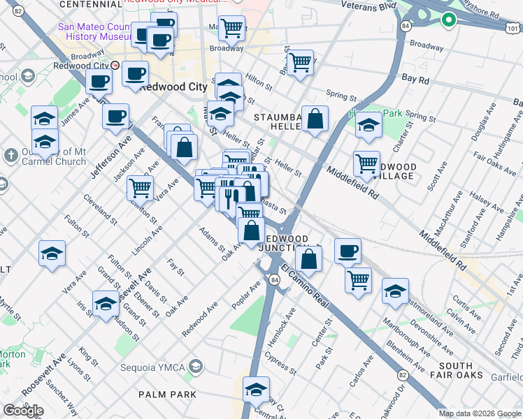 map of restaurants, bars, coffee shops, grocery stores, and more near 1531 Main Street in Redwood City