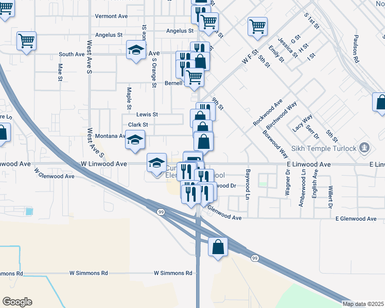 map of restaurants, bars, coffee shops, grocery stores, and more near 1543 Lander Avenue in Turlock