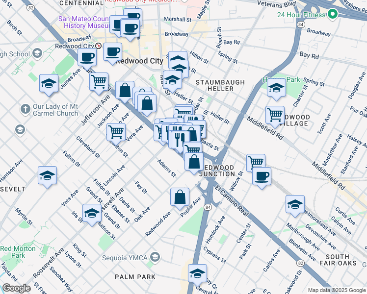 map of restaurants, bars, coffee shops, grocery stores, and more near 110 Chestnut Street in Redwood City
