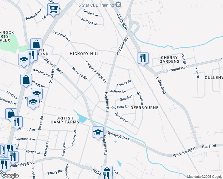map of restaurants, bars, coffee shops, grocery stores, and more near 3906 Autumn Lane in Richmond