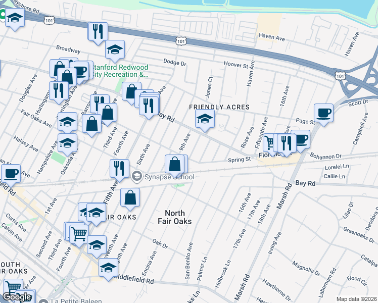 map of restaurants, bars, coffee shops, grocery stores, and more near 811 Tenth Avenue in Redwood City