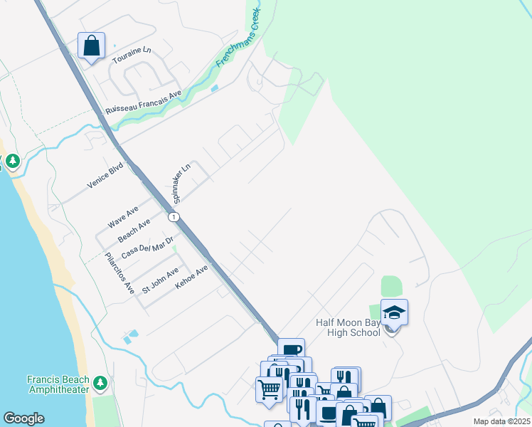 map of restaurants, bars, coffee shops, grocery stores, and more near 998 Grandview Boulevard in Half Moon Bay