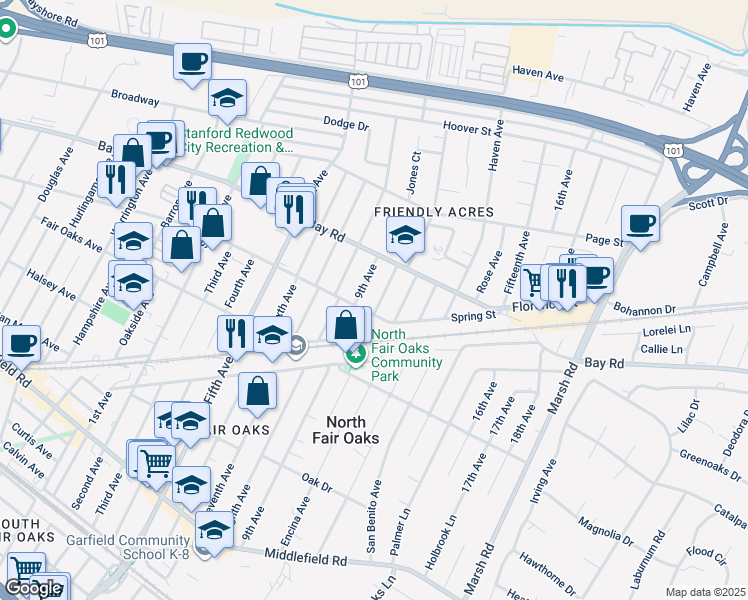 map of restaurants, bars, coffee shops, grocery stores, and more near 811 Tenth Avenue in Redwood City