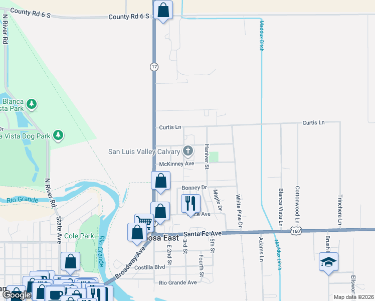 map of restaurants, bars, coffee shops, grocery stores, and more near 424 Mc Querry Street in Alamosa