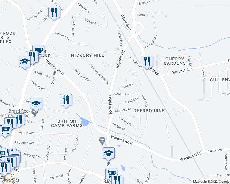 map of restaurants, bars, coffee shops, grocery stores, and more near 3906 Autumn Lane in Richmond