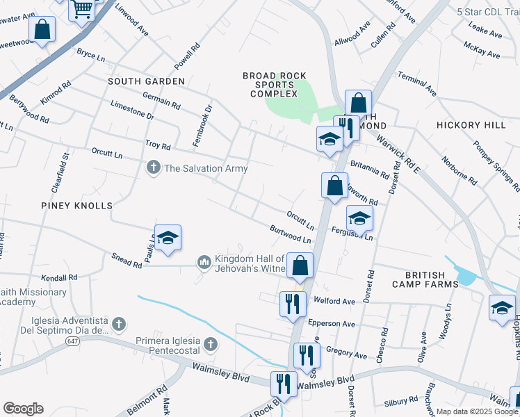 map of restaurants, bars, coffee shops, grocery stores, and more near 4927 Orcutt Lane in Richmond
