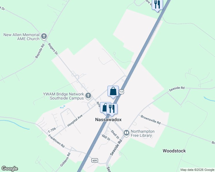 map of restaurants, bars, coffee shops, grocery stores, and more near 10157 Pine Avenue in Nassawadox