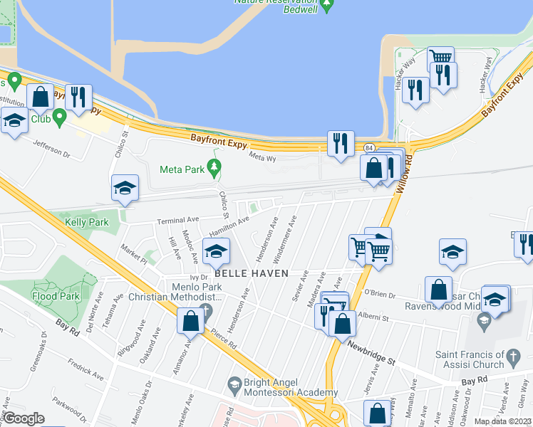 map of restaurants, bars, coffee shops, grocery stores, and more near 571 Hamilton Avenue in Menlo Park