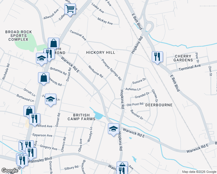 map of restaurants, bars, coffee shops, grocery stores, and more near 4043 Norborne Road in Richmond