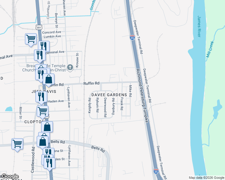 map of restaurants, bars, coffee shops, grocery stores, and more near 3404 Danbury Road in Richmond