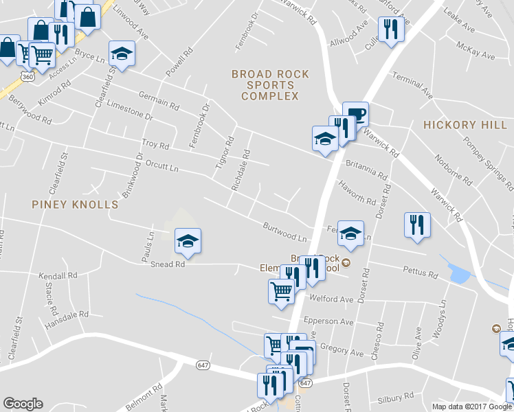 map of restaurants, bars, coffee shops, grocery stores, and more near 4927 Orcutt Lane in Richmond