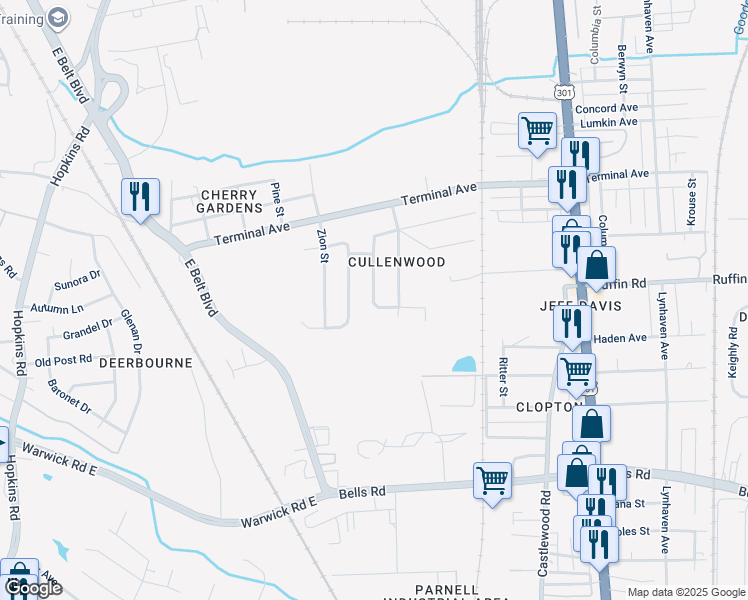 map of restaurants, bars, coffee shops, grocery stores, and more near 3156 Bashford Lane in Richmond
