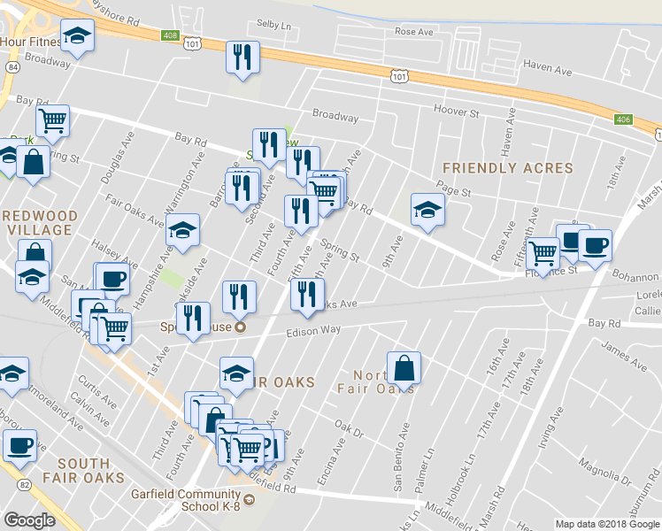 map of restaurants, bars, coffee shops, grocery stores, and more near 780 Sixth Avenue in Redwood City