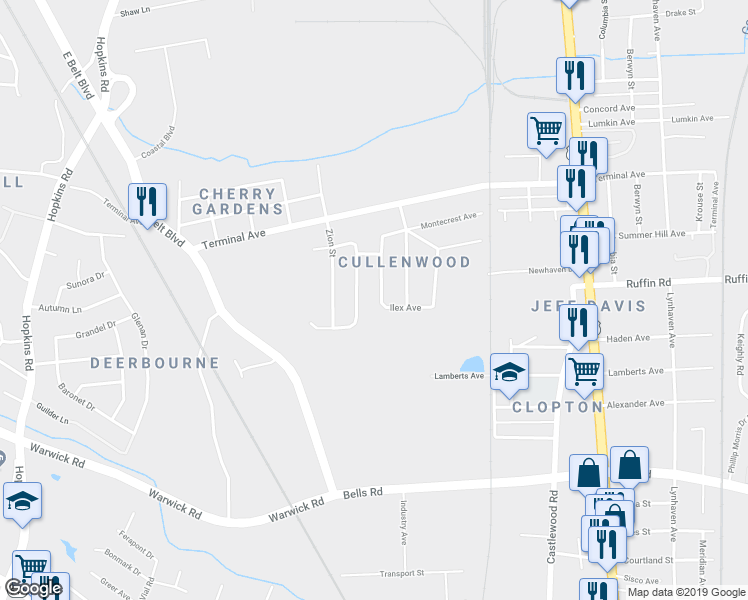 map of restaurants, bars, coffee shops, grocery stores, and more near 3156 Bashford Lane in Richmond