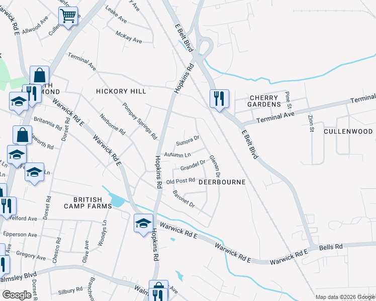 map of restaurants, bars, coffee shops, grocery stores, and more near 3800 Autumn Ln in Richmond
