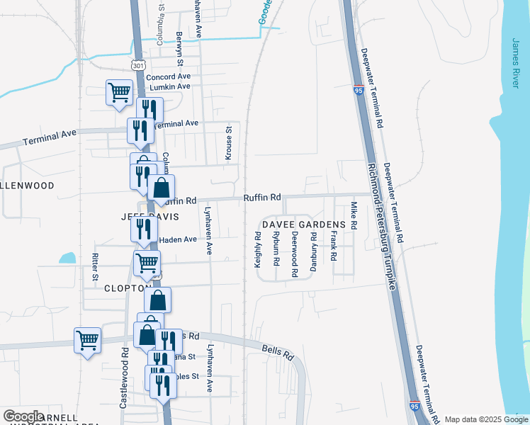 map of restaurants, bars, coffee shops, grocery stores, and more near 3405 Keighly Road in Richmond