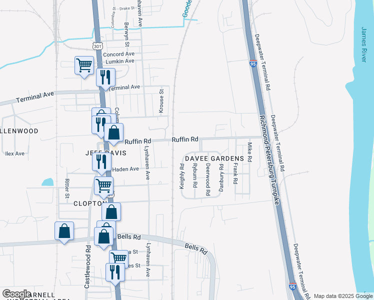 map of restaurants, bars, coffee shops, grocery stores, and more near 3405 Keighly Road in Richmond