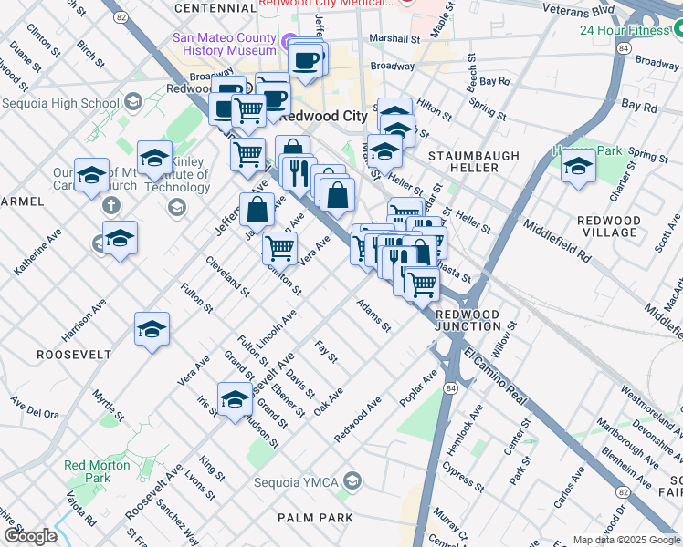 map of restaurants, bars, coffee shops, grocery stores, and more near 153 Lincoln Avenue in Redwood City