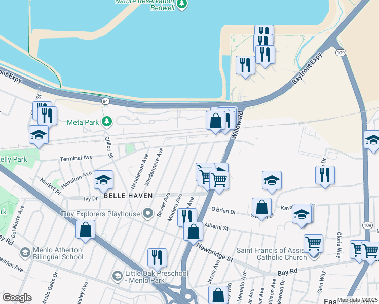 map of restaurants, bars, coffee shops, grocery stores, and more near 1379 Madera Avenue in Menlo Park