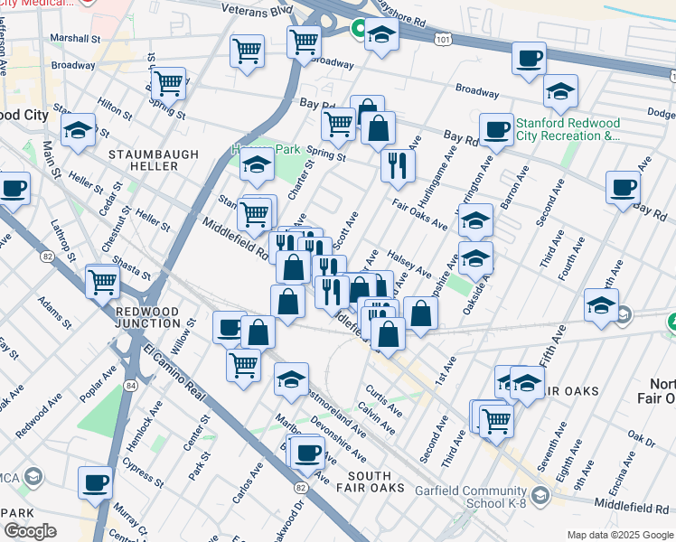 map of restaurants, bars, coffee shops, grocery stores, and more near 519 Douglas Avenue in Redwood City