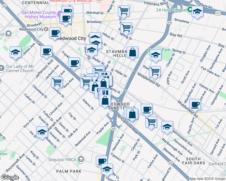map of restaurants, bars, coffee shops, grocery stores, and more near 901 Shasta Street in Redwood City