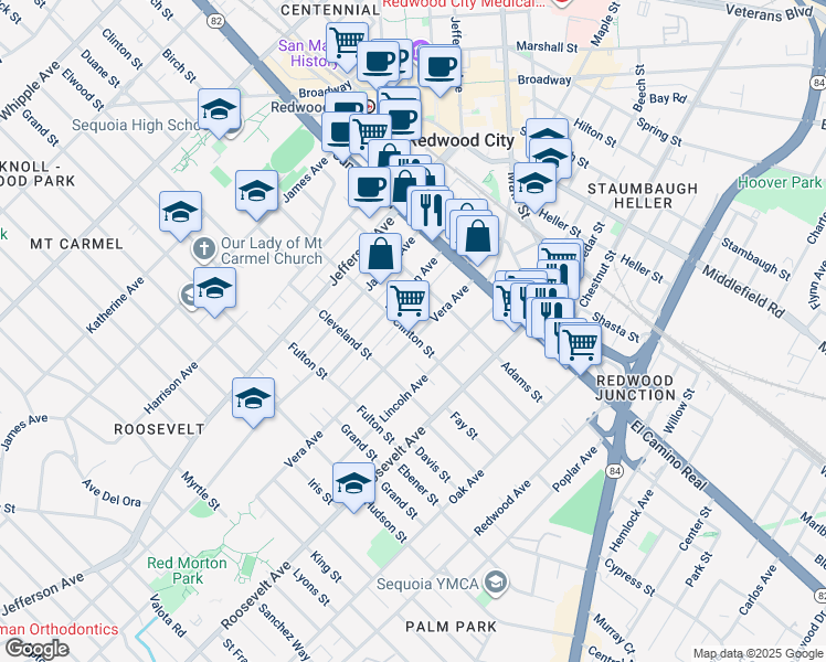 map of restaurants, bars, coffee shops, grocery stores, and more near 233 Madison Avenue in Redwood City