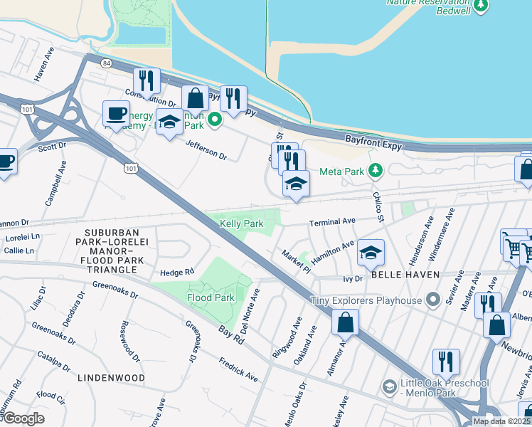 map of restaurants, bars, coffee shops, grocery stores, and more near 100 Terminal Avenue in Menlo Park