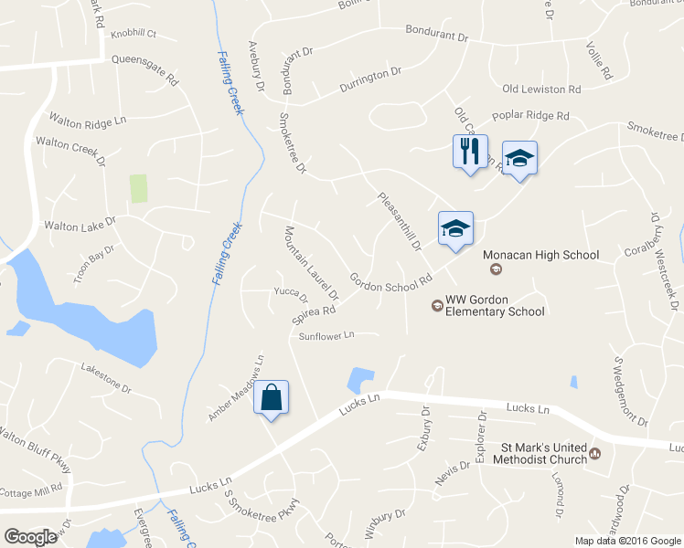 map of restaurants, bars, coffee shops, grocery stores, and more near 11919 Gordon School Road in Richmond