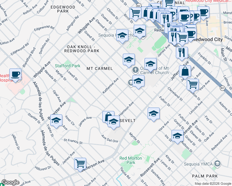 map of restaurants, bars, coffee shops, grocery stores, and more near 2 Jeter Street in Redwood City
