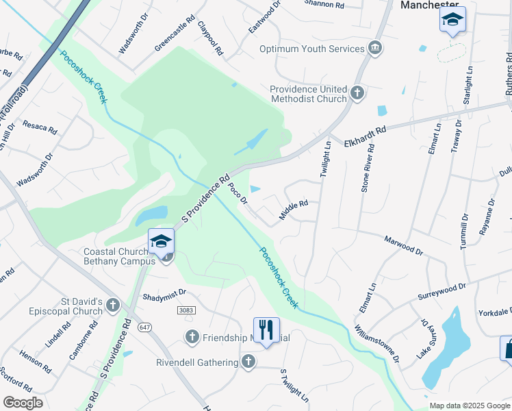 map of restaurants, bars, coffee shops, grocery stores, and more near 1401 Calander Court in Richmond