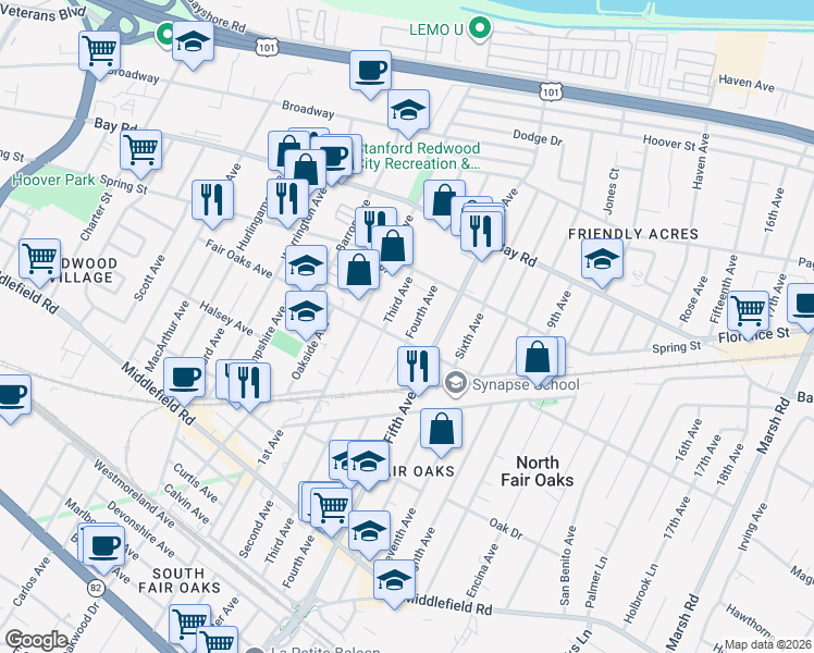 map of restaurants, bars, coffee shops, grocery stores, and more near 703 Fourth Avenue in Redwood City