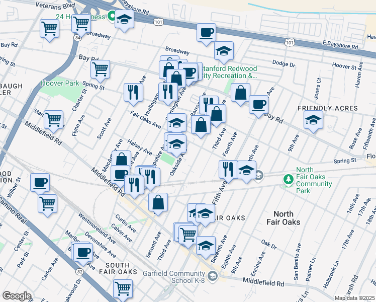 map of restaurants, bars, coffee shops, grocery stores, and more near 672 Oakside Ave in Redwood City
