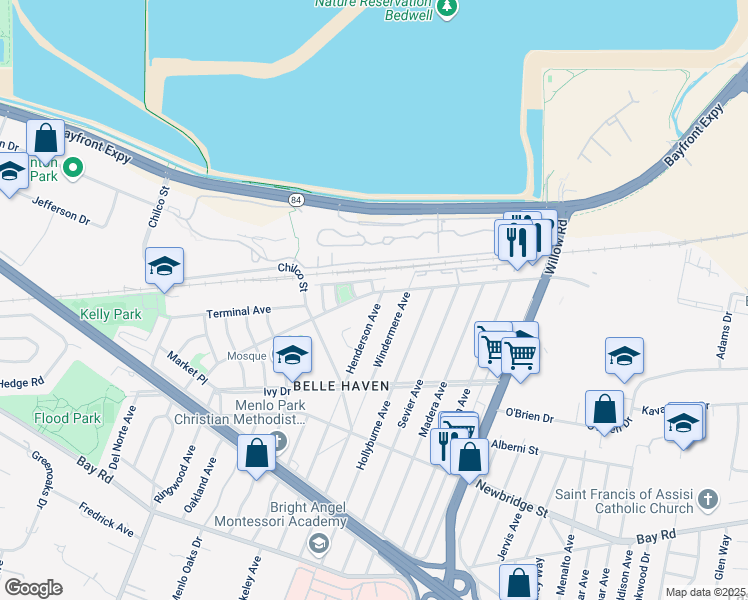 map of restaurants, bars, coffee shops, grocery stores, and more near 598 Hamilton Avenue in Menlo Park