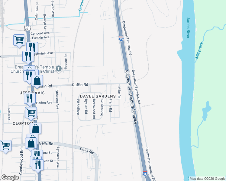 map of restaurants, bars, coffee shops, grocery stores, and more near 3304 Frank Road in Richmond