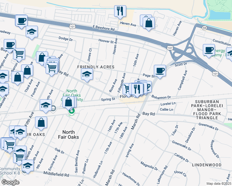 map of restaurants, bars, coffee shops, grocery stores, and more near 911 Fifteenth Avenue in Redwood City
